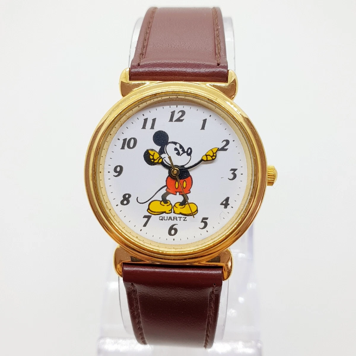 Classic Mickey Mouse Disney Watch on Leather Strap White Dial Gold Tone Case 90s