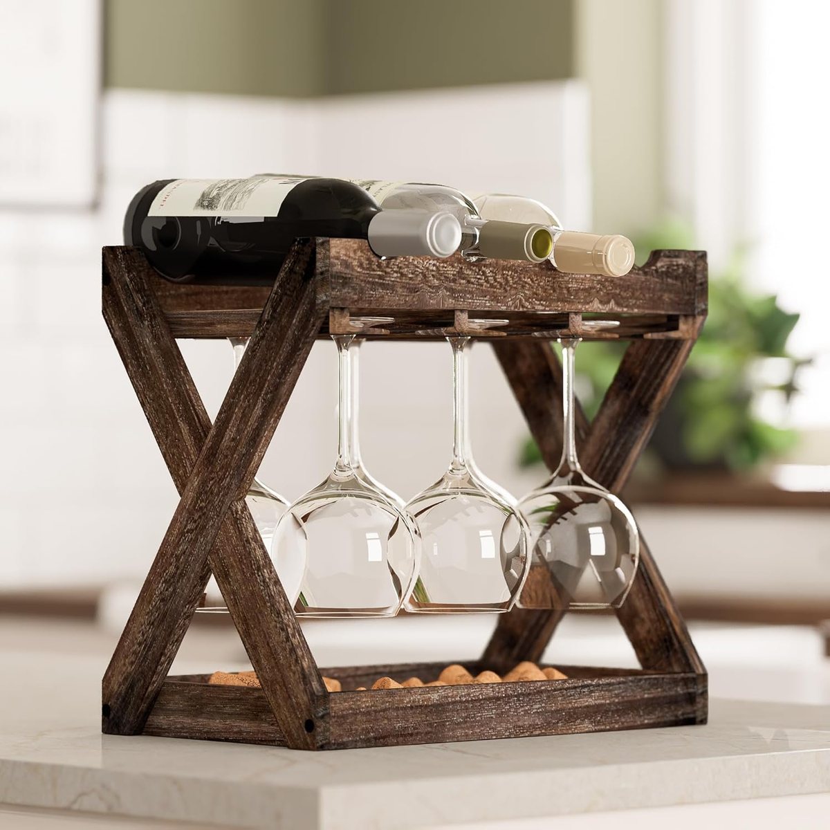Countertop Wine Glass Clamp Rustic Wood Countertop Wine Rack - Main Image