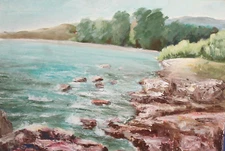 Vintage impressionist gouache painting seascape landscape