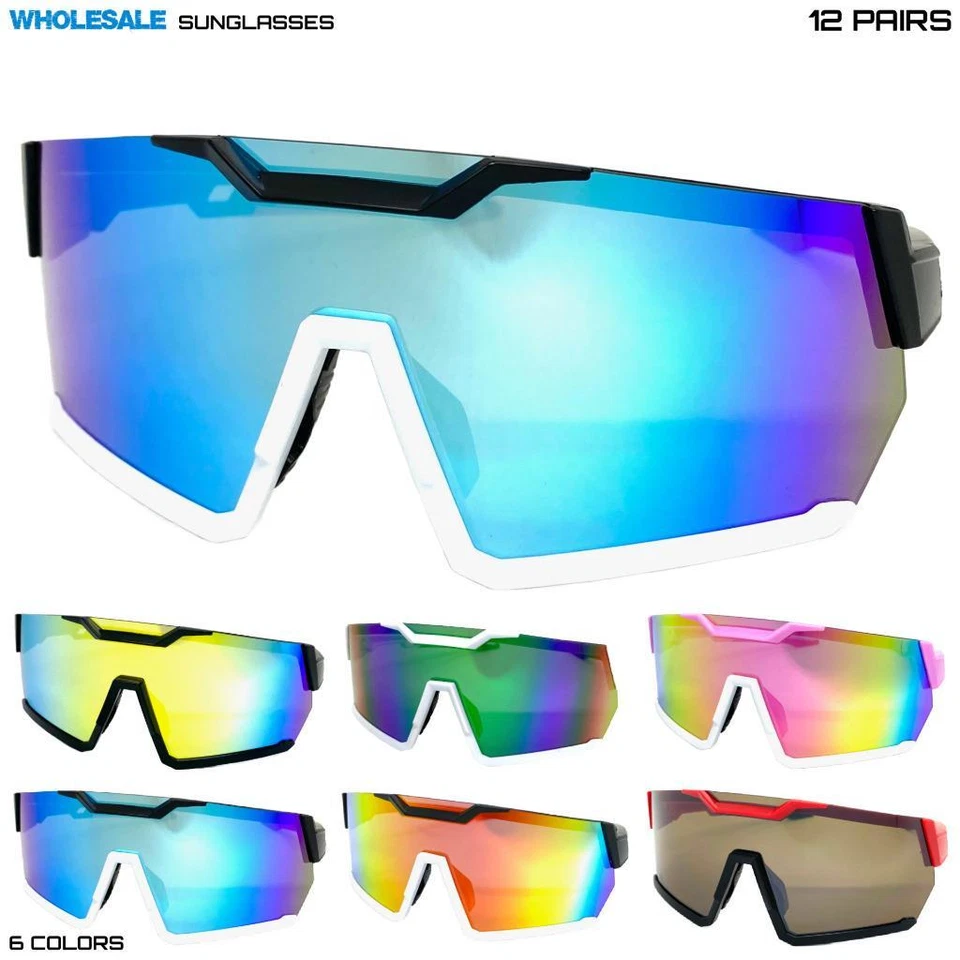 WHOLESALE LOT Men Oversized Retro Wrap Around Cycling Shield SUNGLASSES 12 Pairs
