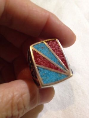 1980\'s Southwestern Crushed Turquoise Stone Inlay Vintage Southwest Chip Crushed Turquoise Inlay Ring  main image 3