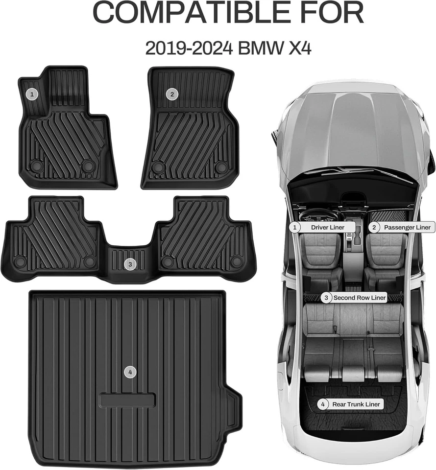 4PCS Floor Mats & Cargo Liner for 2019-2024 BMW X4 All Weather Non-Slip Rubber Foto 2 de 4