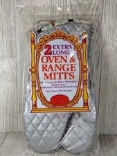 Two Extra Long Oven Range Mitts Washable Indoor Outdoor MCM Silicone Coated Vtg