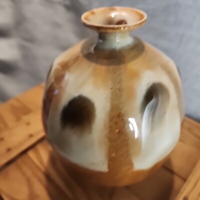Pottery Zen Bud Vase Neutral Brown Earth Tones 6 Point Shoulder Signed