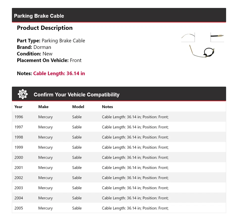 Передний трос стояночного тормоза для Mercury Sable Dorman 1996-2005 годов выпуска 1997 1998 1999 2000 годов выпуска - Изображение 2 из 4