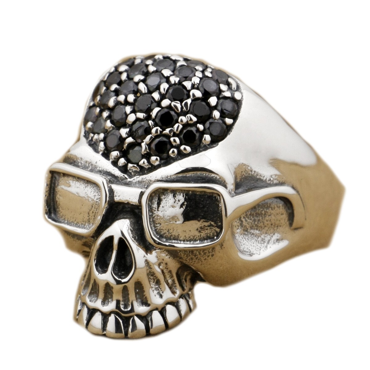 Black CZ 925 Sterling Silver Glasses Pilot Skull Ring Punk