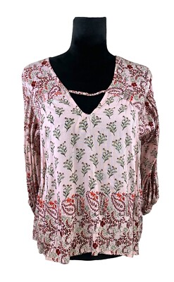 Blue Rain Size XS Pink Floral Pleated Peasant Blouse Keyhole Neck