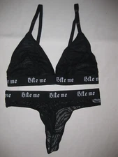 Romwe goth bite me graphic swirl mesh bralette & thong panties set S black nip