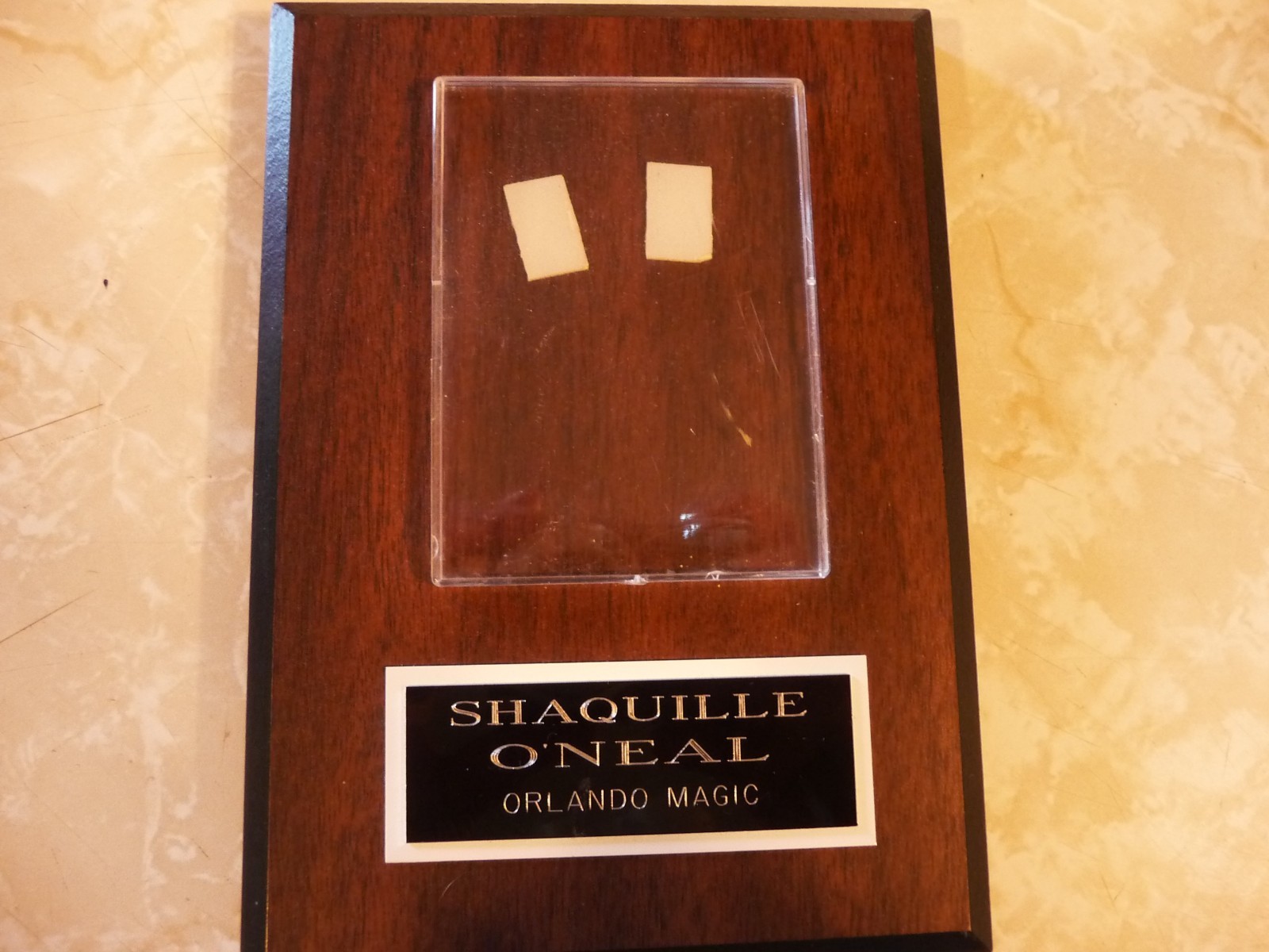 TWO WOODEN PLAQUES SHAQ AND BARKLEY NAME PLATES WITH WINDOW FOR