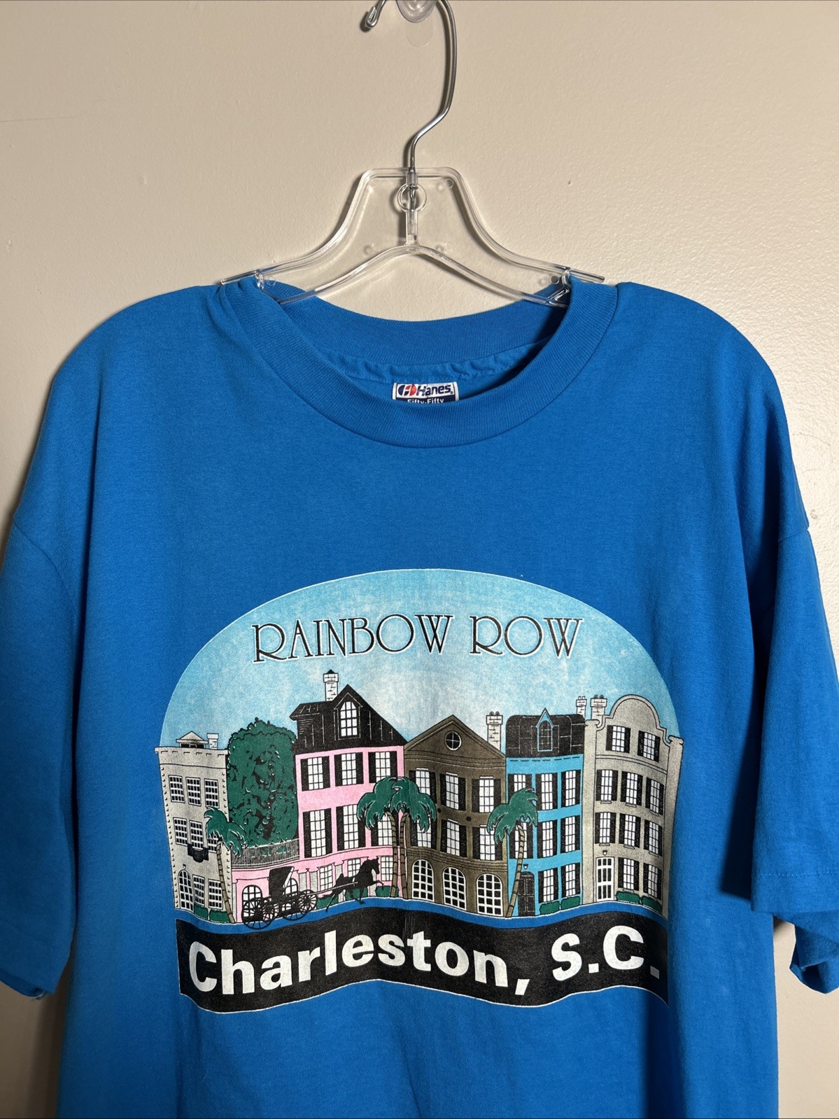 Camicia blu Hanes vintage anni 90 fila arcobaleno uomo XL Charleston SC punto singolo
