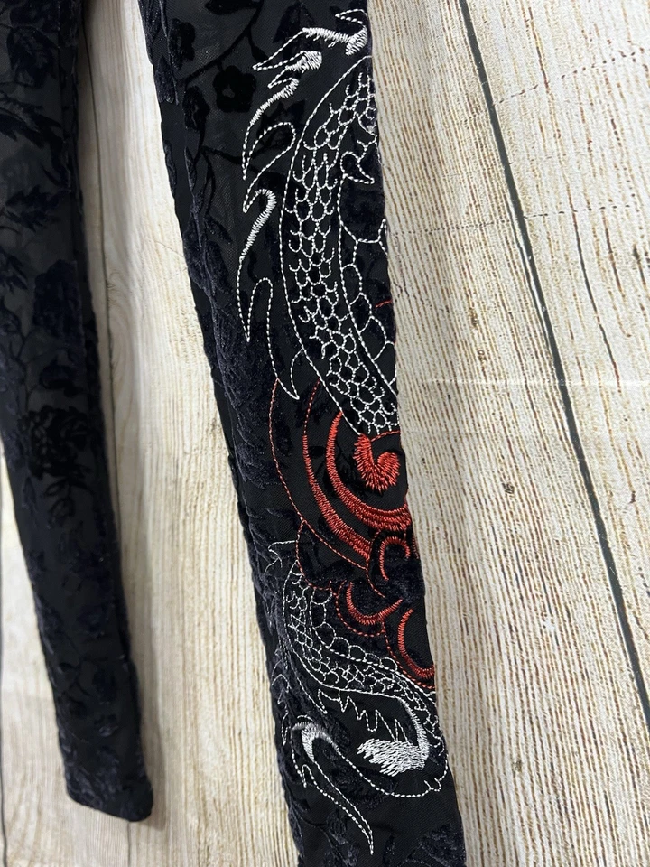 Mujeres Leggings Terciopelo Transparente Burn Out XS Negro Dragón Bordado Gótico Emo Punk Foto 4 de 4