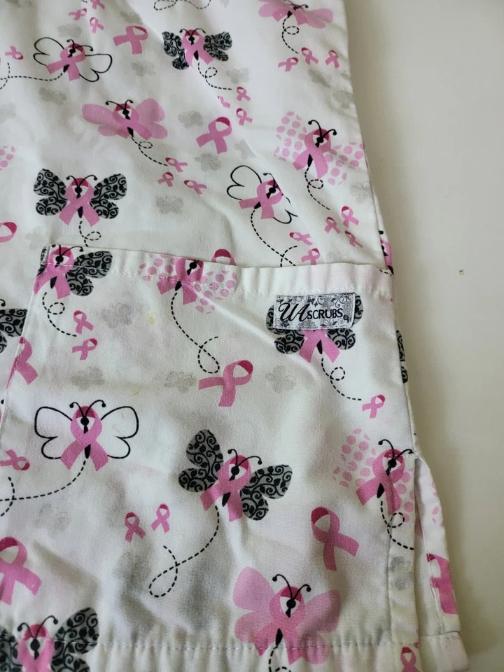 Scrub Top size 3X White Pink Breast Cancer Ribbons UA Scrubs - Image 2 of 4