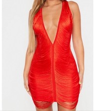 Prettylittlething Plunge Tassel Dress Sz 6 Orange