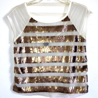 BEBE sz S Metallic Fringe Boxy Top Cut out Strappy Back Relaxed Loose Fit Crop
