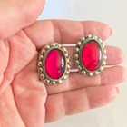 Red Oval Glass Cabochon Bead Textured Silver Tone Metal Clip On Earrings Vintage