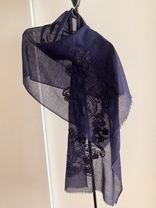 NWT Talbots large 92% Wool 8% Silk Scarf Shawl Hand Embroidered Navy Blue $149+