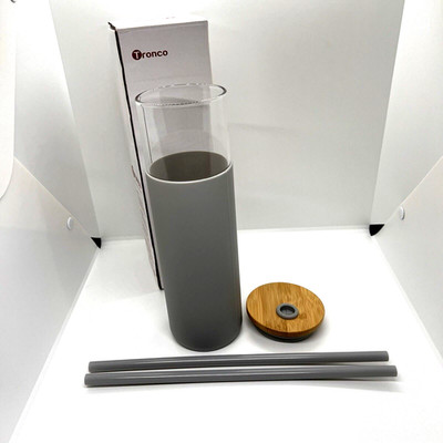 Tronco 32 oz. Glass Tumbler Bamboo Lid  Protective Sleeve 2 Straws Gray BPA Free