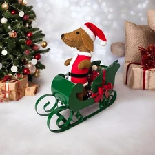 Felt Dachshund Red Brown Sculpture Santa Paws Green Sleigh Centerpiece Christmas