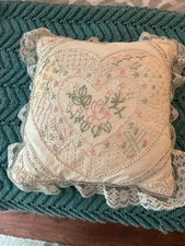 Vintage Hand Embroidered Pillow in Pastel Colors Edged in Lace