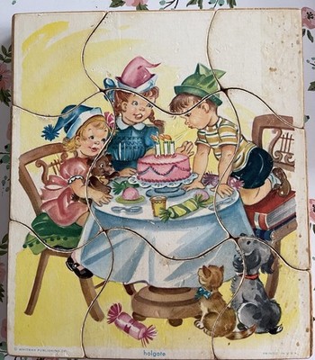 Vintage Double-Sided Whitman/Holgate Wooden Block Puzzle Farm Scenes