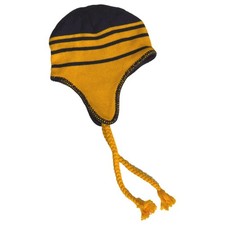 Boys Blue Yellow Striped Trapper Hat Fleece Lined Braided Tassel Ties