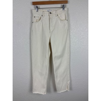 Zara Womens Off-White High-Waisted Straight Leg Jeans 4 Fall Neutral Minor Flaw