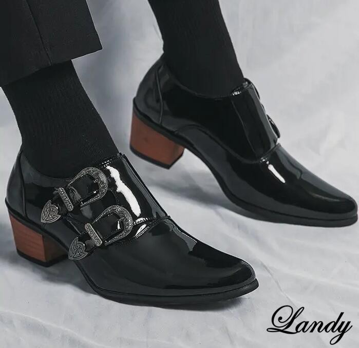 Zapatos Oxford de vestir informales informales con hebilla y tacones cubanos puntiagudos de cuero brillante para hombre