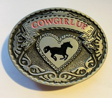 Cowgirl Up Belt BuckleSilver With Pink In Lettering