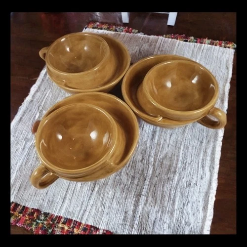 Set of 4 Caramel Brown Glazed Ceramic Soup Bowls with Handles – Rustic Stoneware