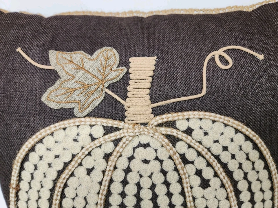 Pillow Embroidered Pumpkin Hopsack-Look Brown Rustic 17x17" EUC - Image 3 of 4