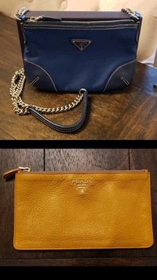 TWO VINTAGE PRADA BAGS!  Authentic Leather Pouch Yellow and Blue Nylon Crossbody