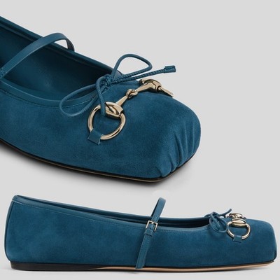 GUCCI SHOES BALLET FLATS TEAL BLUE SUEDE LEATHER HORSEBIT $1,030 39.5 US 9.5