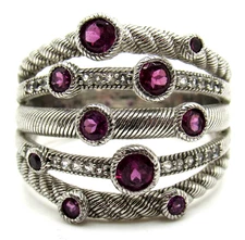 STERLING SILVER JUDITH RIPKA CABLE BAND DIAMONIQUE MULTI ROW PINK STONE RING