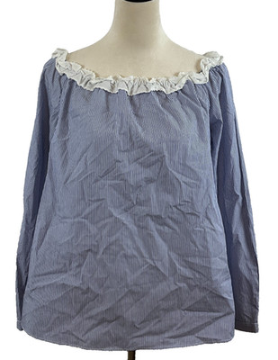 Max & Co Blouse US 6 Blue White Stripe Gathered Neckline Long Sleeve Max Mara