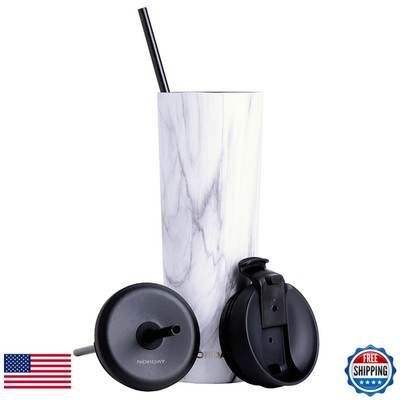 Norday Tumbler Lid And Straw - Bloom 20Oz - White Marble Insulated Tumbler -