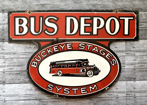 VINTAGE 12x8" BUS DEPOT GASOLINE PUMP STATION PORCELAIN DIE-CUT MOTOR OIL SIGN