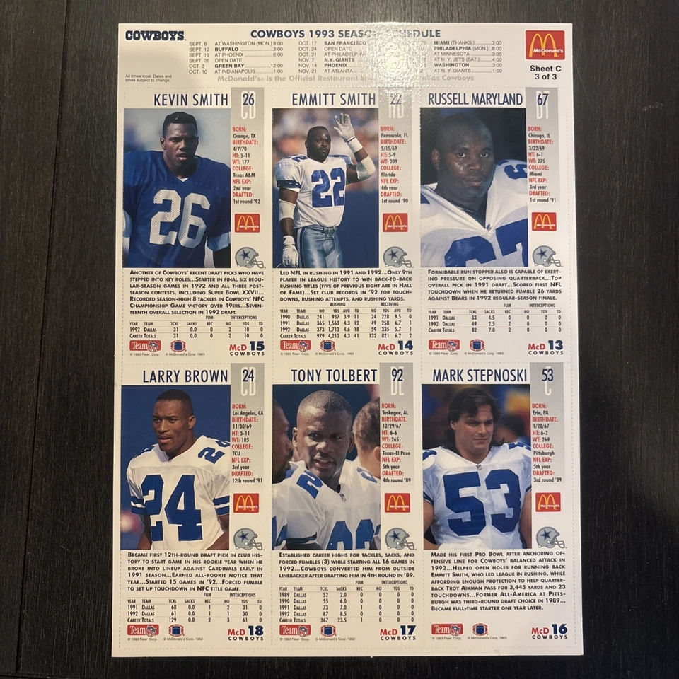 Dallas Cowboys McDonalds Edición Limitada 1993 Tarjetas de Juego Hojas 1 y 3 Foto 4 de 4