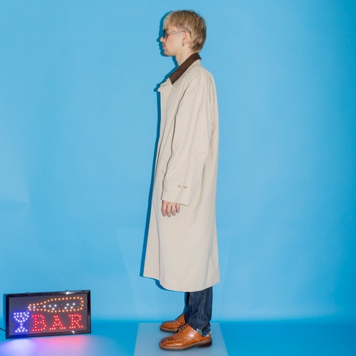 90's Vintage BL classic oversized leather collar detective trench coat in beige - Picture 2 of 6