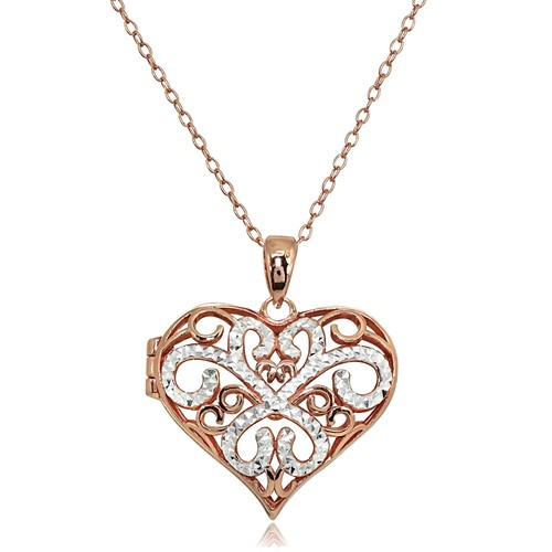 Rose Gold Tone over Silver Two-Tone Diamond-Cut Heart Filigree Locket Necklace - Picture 2 of 4