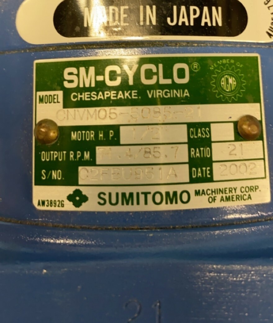 SM CYCLO CNVM05-5085-21 INDUCTION MOTOR 1/2HP, RATIO 21:0, 1410-1730 RPM, 4P