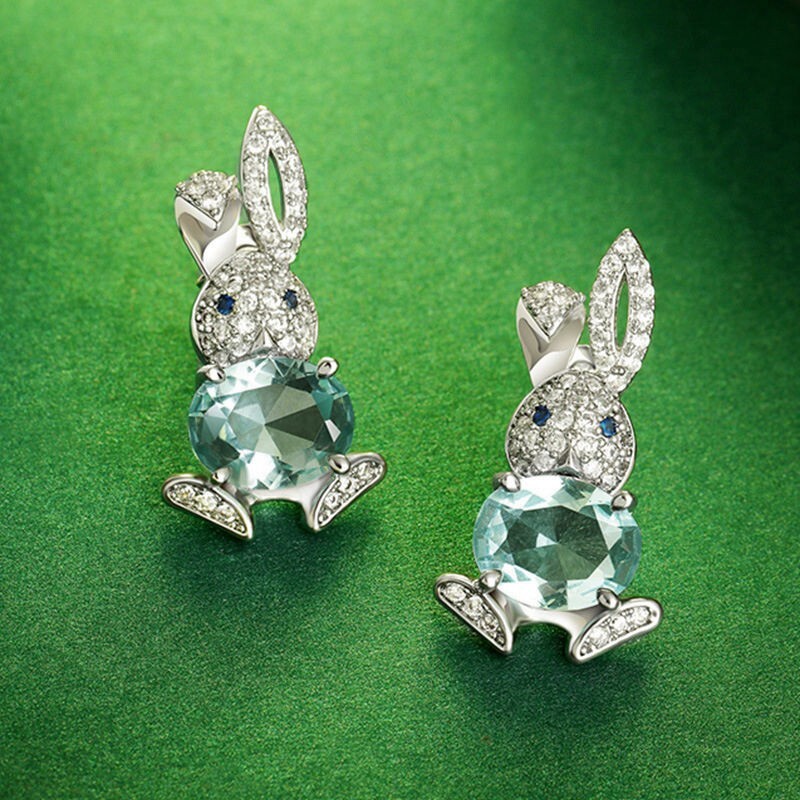 Silver Bunny Earrings Easter Bunny w/ Crystal Egg Sunday