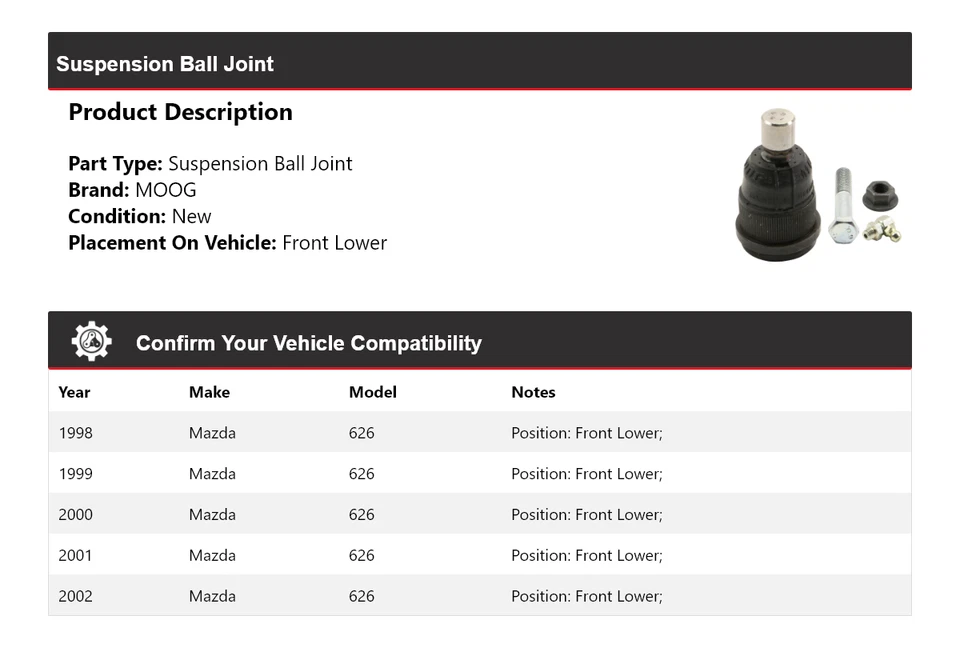 For 1998-2002 Mazda 626 Suspension Ball Joint Front Lower MOOG 1998 1999 2000 - Image 2 of 4