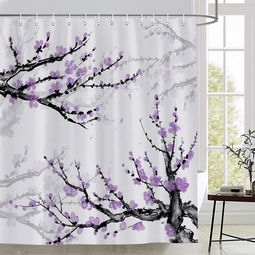 Purple Flower Shower Curtain Japanese Cherry Blossom Plum Blossom Vintage Floral - 第 12/12 張圖片