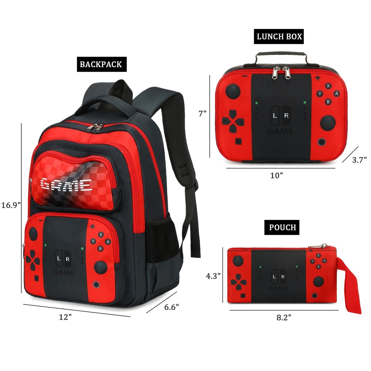 Boys Game Backpack with Lunch Box Kids School Bookbag Red