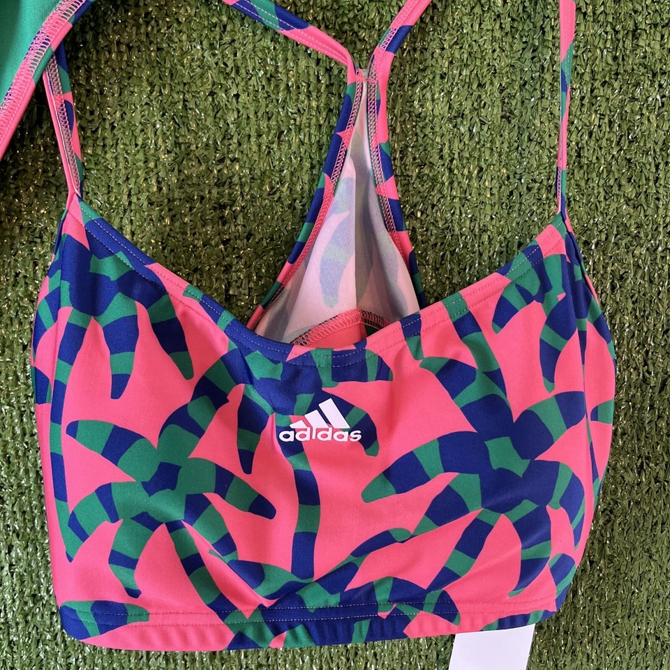 Top de bikini de natación Adidas FARM RIO BEACH púrpura verde brillante talla Lrg.; Fondos Med. Foto 3 de 4