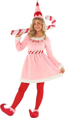 Damen rosa Elfe Kostüm + Strumpfhose Weihnachtsmann Helfer Jovie Kostüm Weihnachten S - 2XL