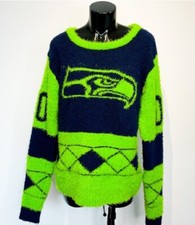 NFL Apparel Seattle Seahawks Women Green Blue Fuzzy Ugly Christmas Sweater Small