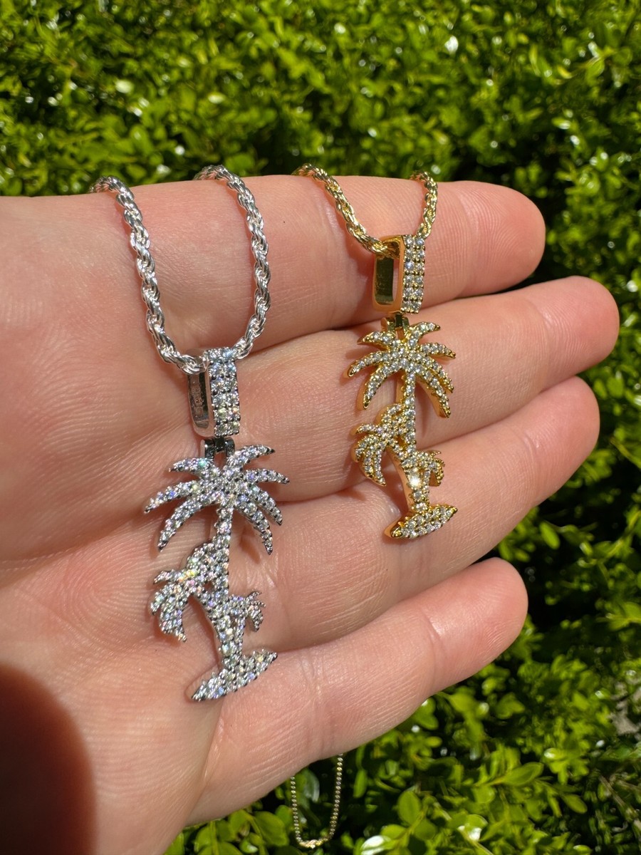 MOISSANITE Real 925 Silver Gold Palm Tree Necklace Pendant