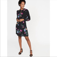 OLD NAVY Long Sleeve Floral Print Dress Knee Length V-Neck Black Pink Large New
