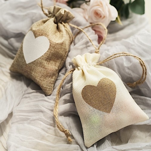 20 Natural Ivory Faux Burlap FAVOR BAGS Heart Design Party Events Decorations - Picture 8 of 9